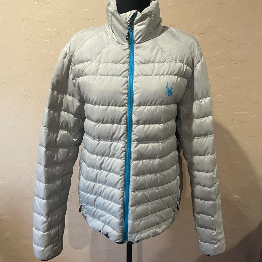 Spyder men’s gray puffer jacket with blue details